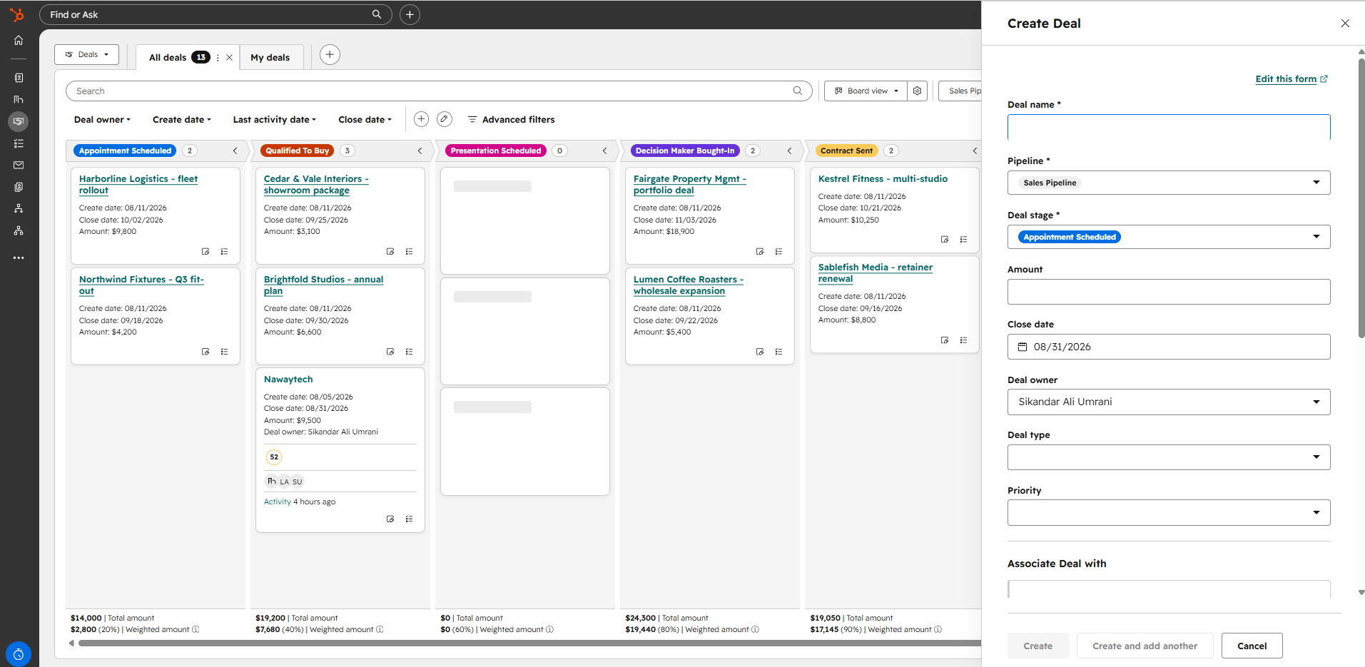 HubSpot's Create Deal panel showing Deal name as the only field you must type, with Pipeline and Deal stage already pre-filled with default values.