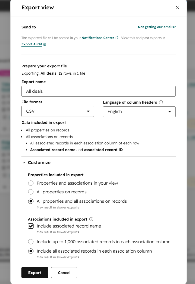 HubSpot's Export view dialog with Customize expanded: file format CSV, 'Properties included in export' set to 'All properties and all associations on records', and 'Associations included in export' set to 'Include all associated records in each association column'.