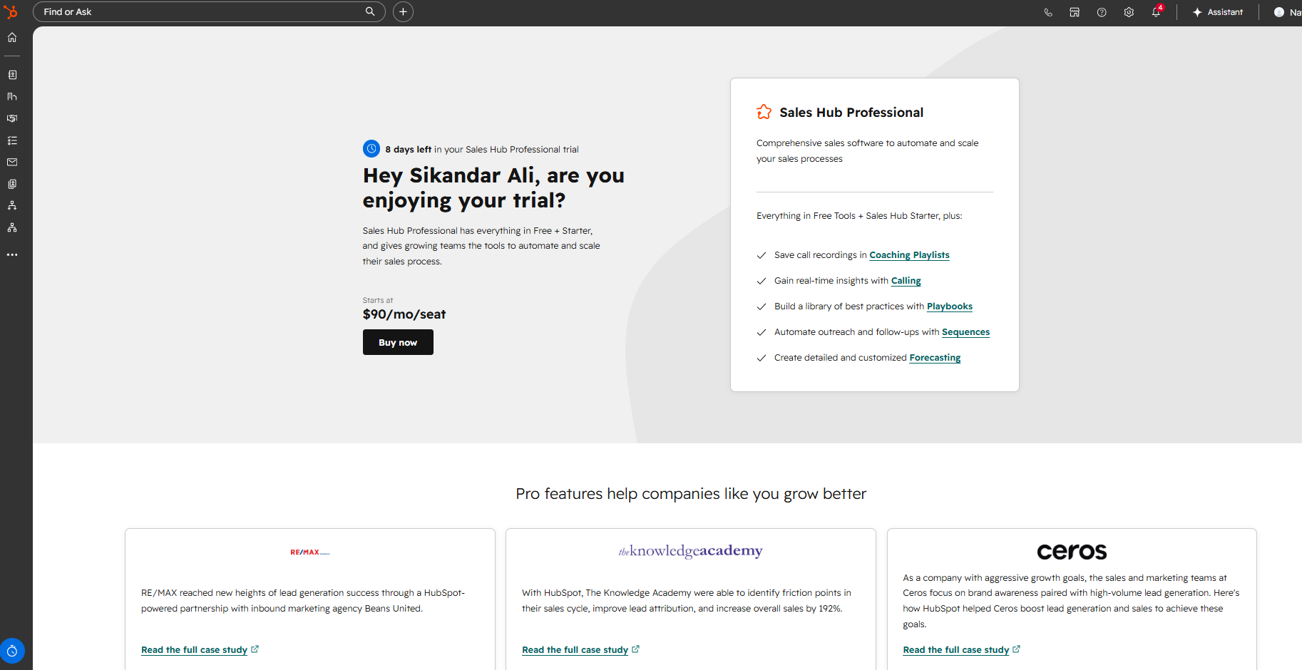 HubSpot's Sales Hub Professional upgrade card listing '$90/month/seat' and, among the included features, 'Automate outreach and follow-ups with Sequences.'