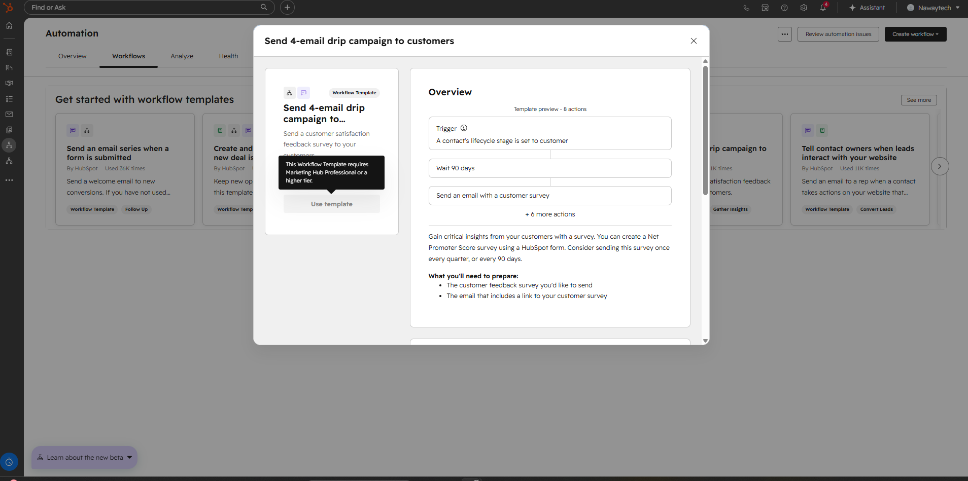 A HubSpot workflow template with the 'Use template' button greyed out and a tooltip reading 'This Workflow Template requires Marketing Hub Professional or a higher tier.'