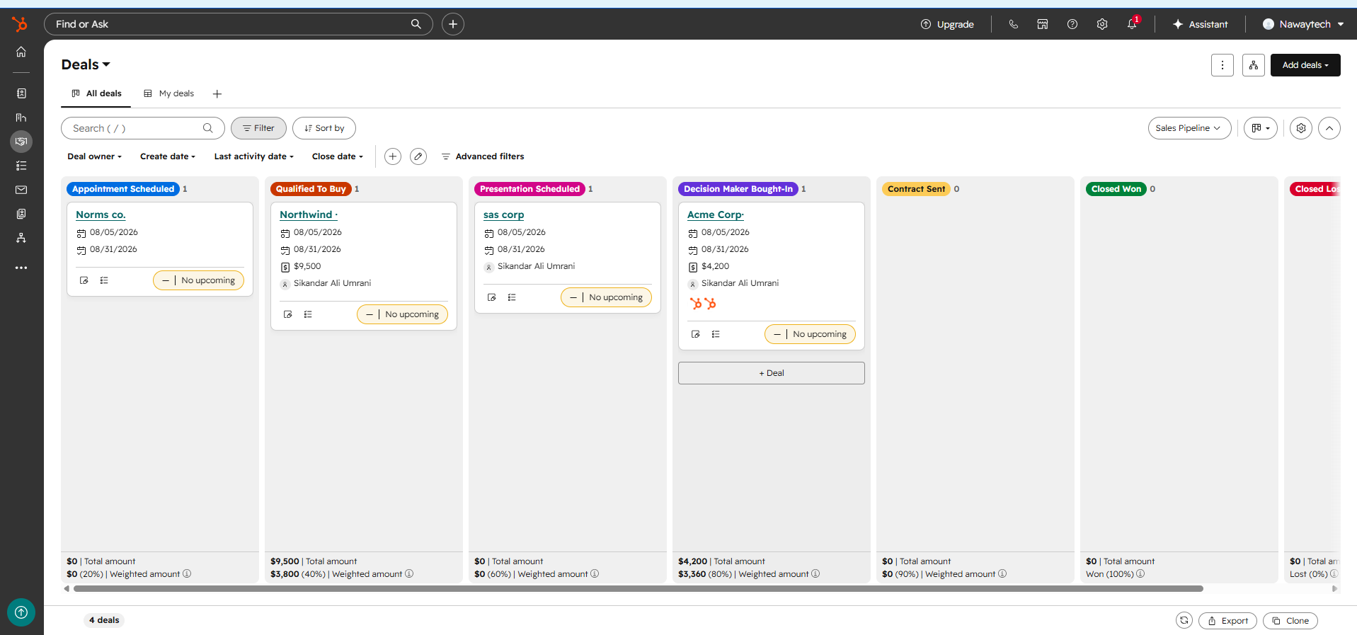 HubSpot's Deals board showing a sales pipeline with four sample deals across stages — Appointment Scheduled, Qualified to Buy, Presentation Scheduled, and Decision Maker Bought-In — each with amounts and weighted values.