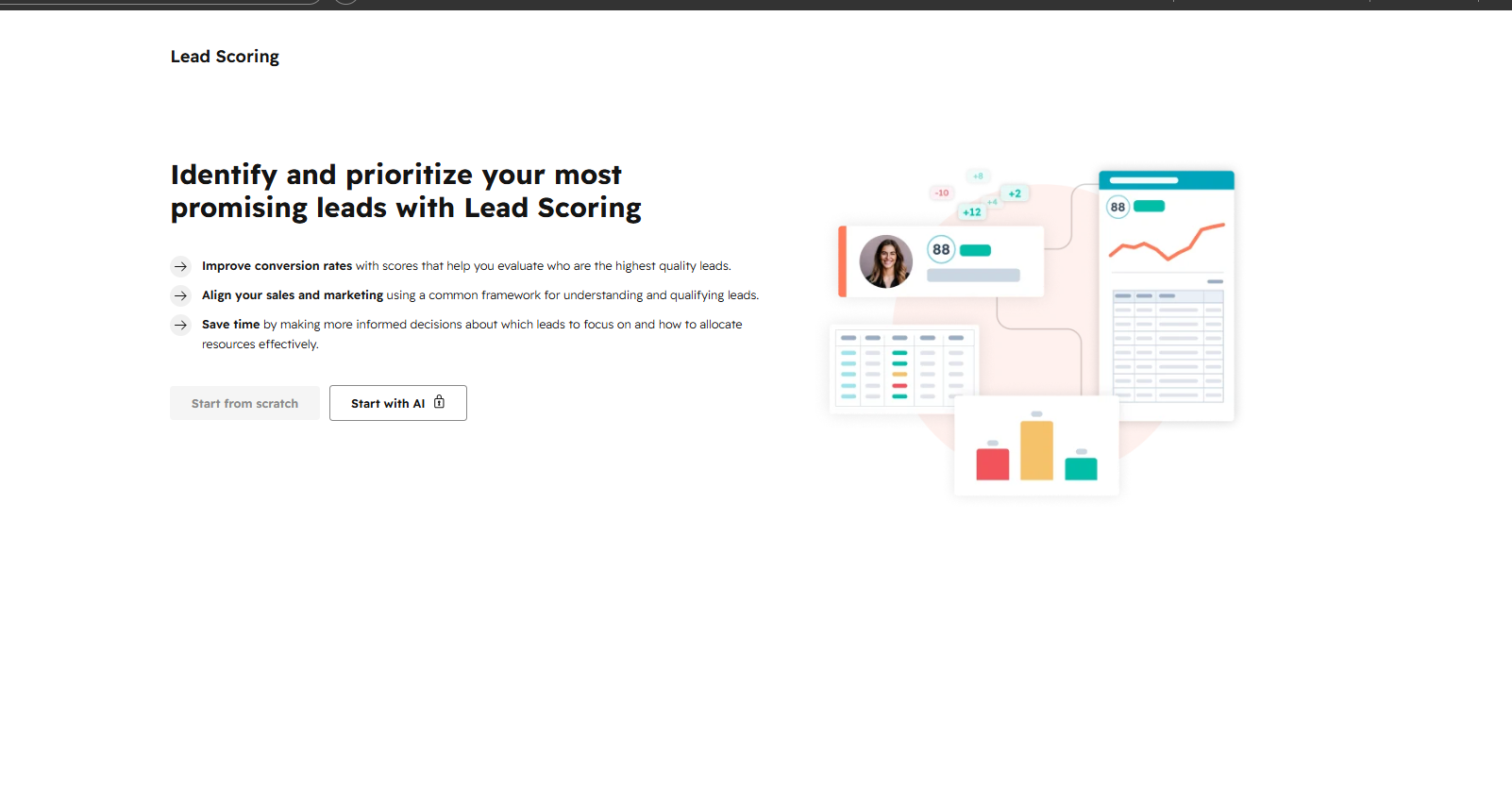 HubSpot's Lead Scoring setup screen, where the 'Start with AI' button shows a padlock icon and 'Start from scratch' is greyed out, indicating the feature is gated behind a higher-paid tier.
