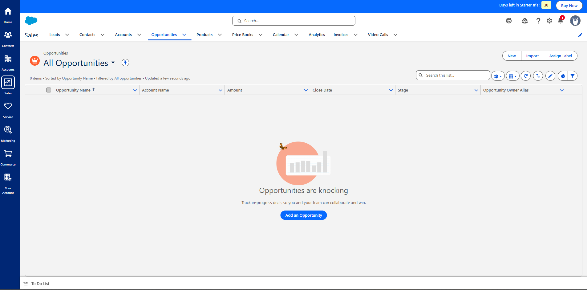 Salesforce's empty Opportunities page in a fresh Starter trial, showing an 'Opportunities are knocking' empty state with an 'Add an Opportunity' button and the full Salesforce left-hand navigation.