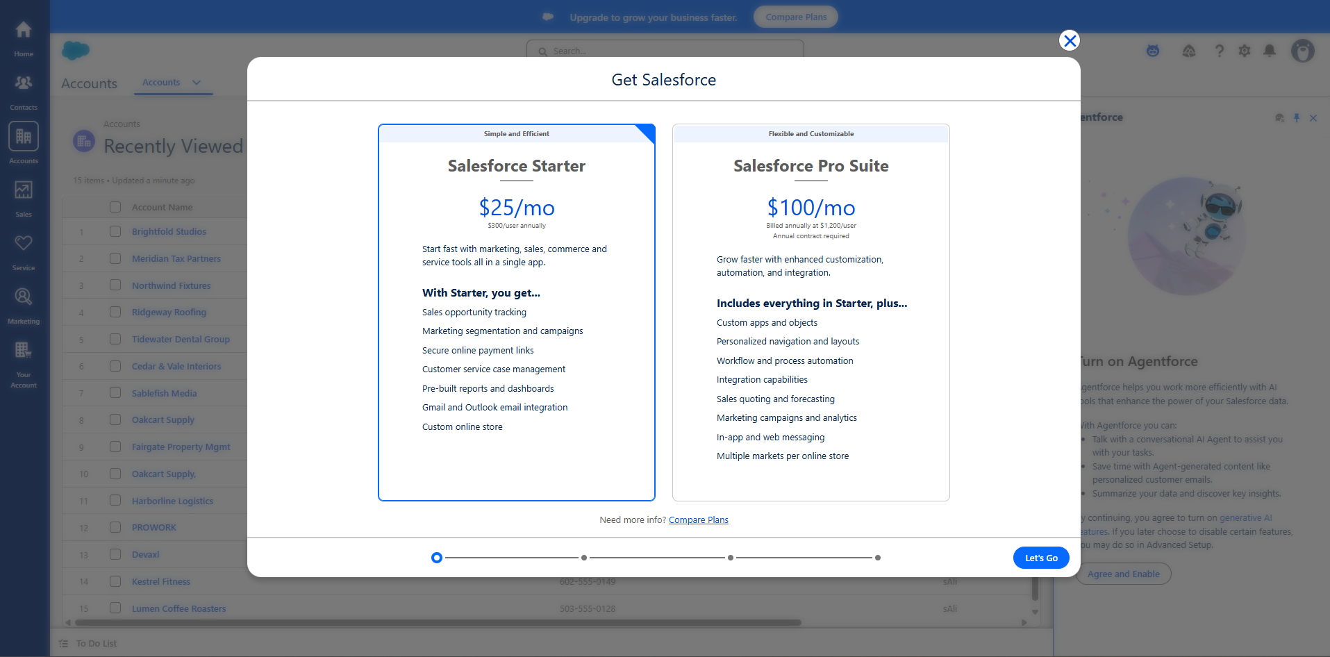 Salesforce's in-app 'Get Salesforce' upgrade screen showing Salesforce Starter at $25/month and Salesforce Pro Suite at $100/month, billed annually at $1,200 per user, with 'Annual contract required' stated.