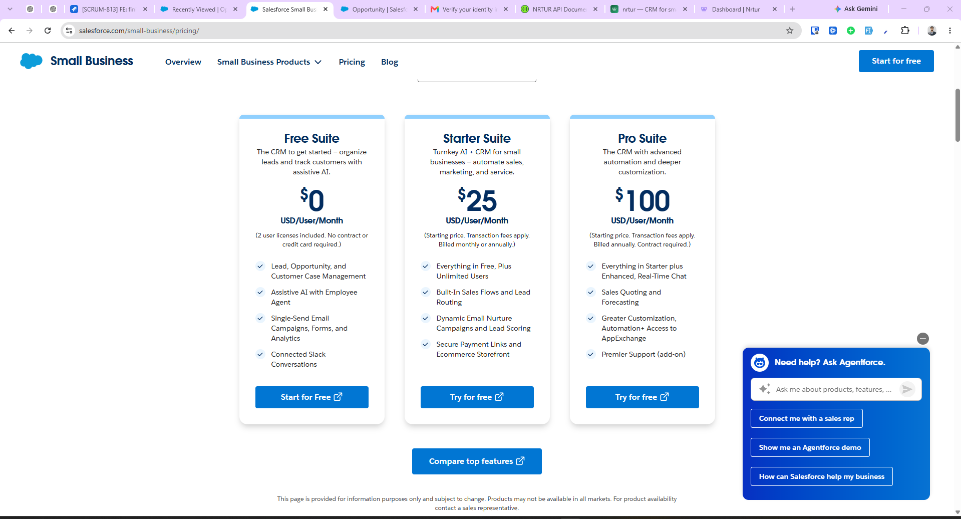 Salesforce's Small Business pricing page showing Free Suite $0, Starter Suite $25, and Pro Suite $100 USD per user per month, with the fine print under Starter and Pro reading 'Starting price. Transaction fees apply.'